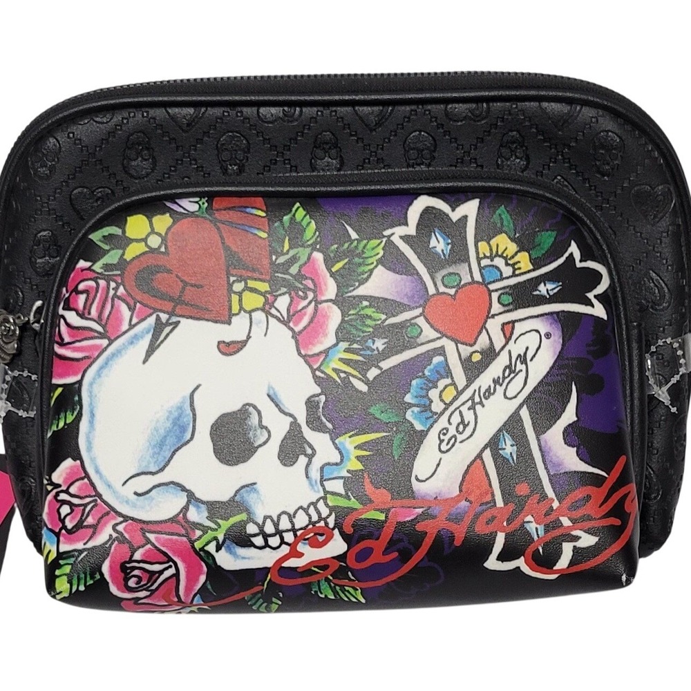 Ed Hardy Women Black Skull Rose Cross Tattoo Print Double Zip Cosmetic Bag NEW